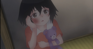  Blue Reflection ray Nina Yamada as a little kid, child, holding her purple Teddy Bear.