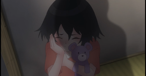  Blue Reflection raio, ray Nina Yamada as a little kid, child, holding her purple Teddy Bear.