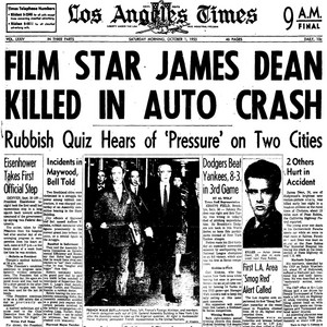  Film stella, star James Dean Killed In Auto Crash: Los Angeles Times, October 1, 1955