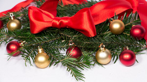  baubles and ribbon on fir branches