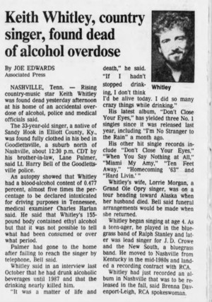 Article Pertaining To The Passing Of Keith Whitley 