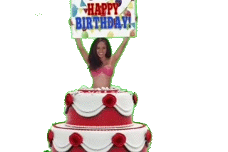 Happy birthday, girl jumps out of cake
