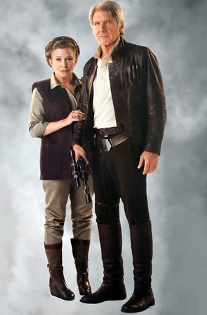  Harrison Ford as Han Solo and Carrie Fisher as Leia Organa